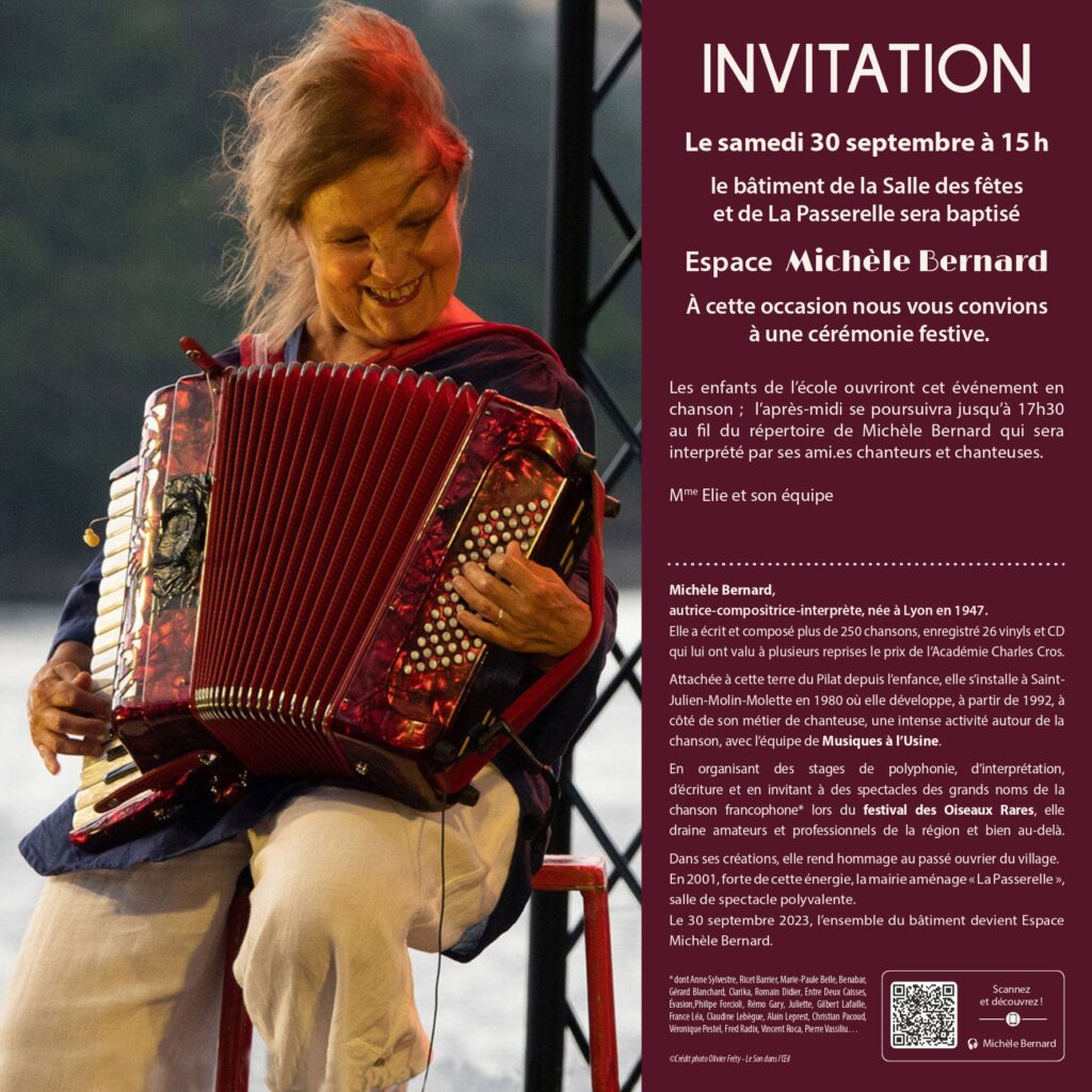 Une invitation de la part de Mme Elie, maire de Saint-Julien-Molin-Molette, et de son équipe. Au plaisir de vous compter parmi nous le samedi 30 septembre pour une cérémonie "en chantée". 